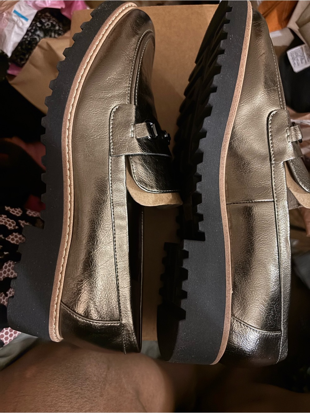 Franco Sarto Metallic Pewter Chain-Trim Loafers - Picture 2 of 5